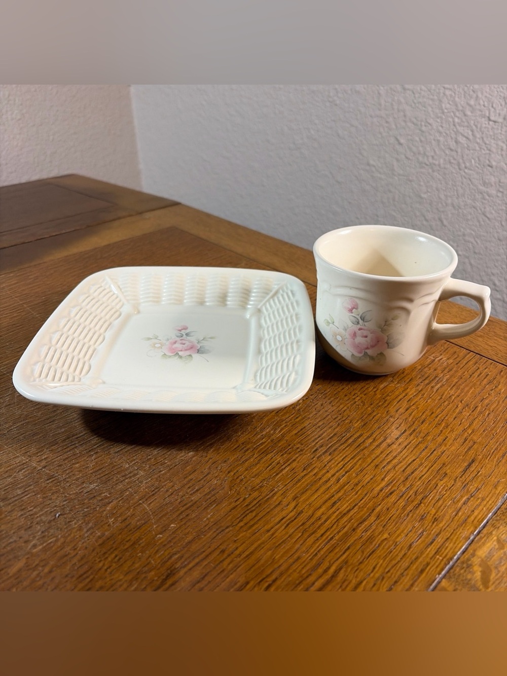Pfaltzgraff Tea Rose Square Basket Weave Candy Dish And Coffee Cup
